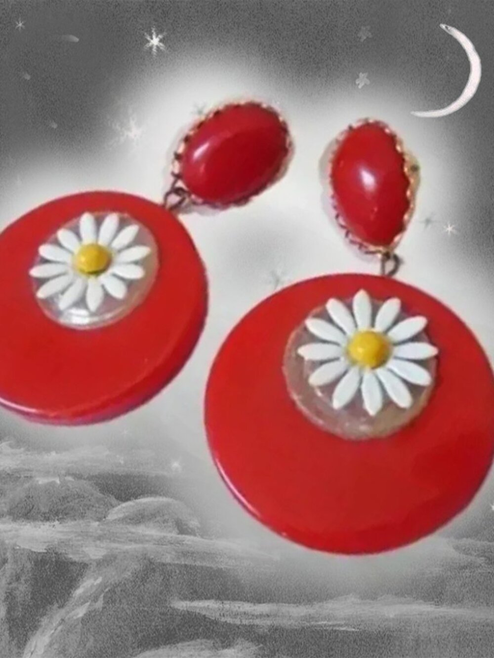 Red Hoop Earrings Daisy Dangles OOAK Recycled Vintage1960s Space Age Mod